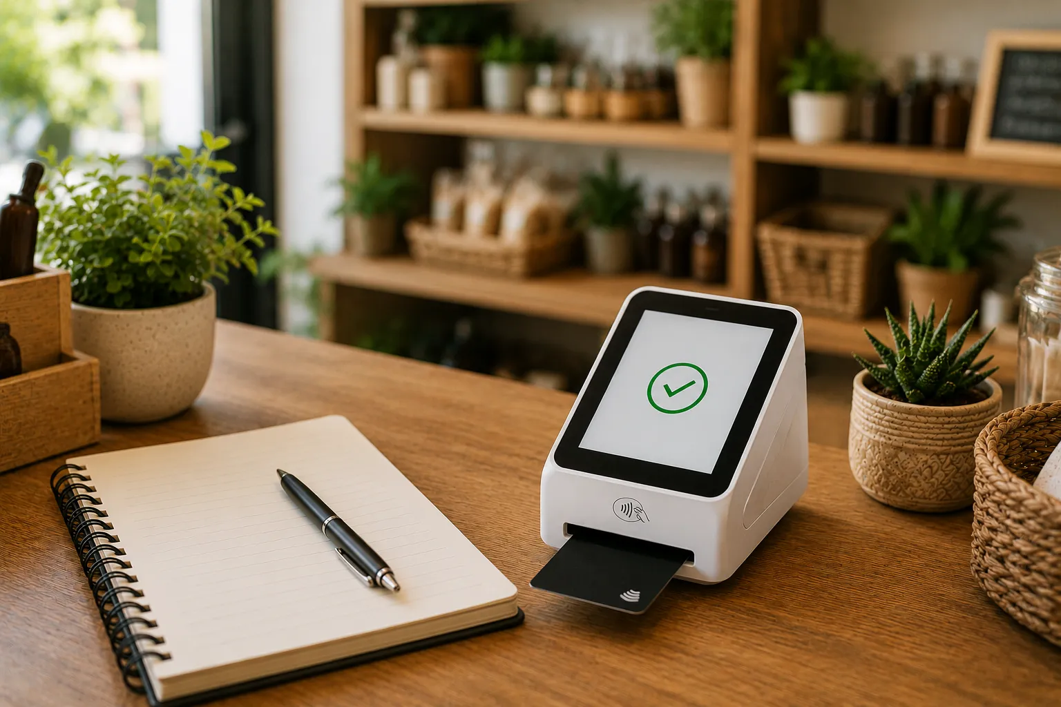 Small business workspace with card payment terminal and business notes