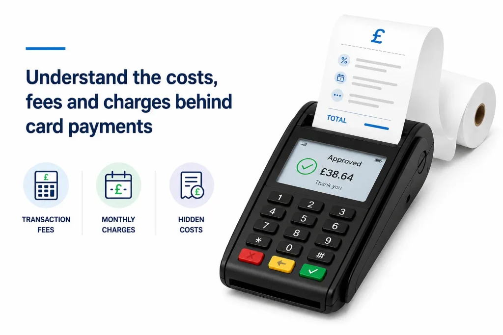 Card payment terminal and receipt illustrating card machine fees and charges