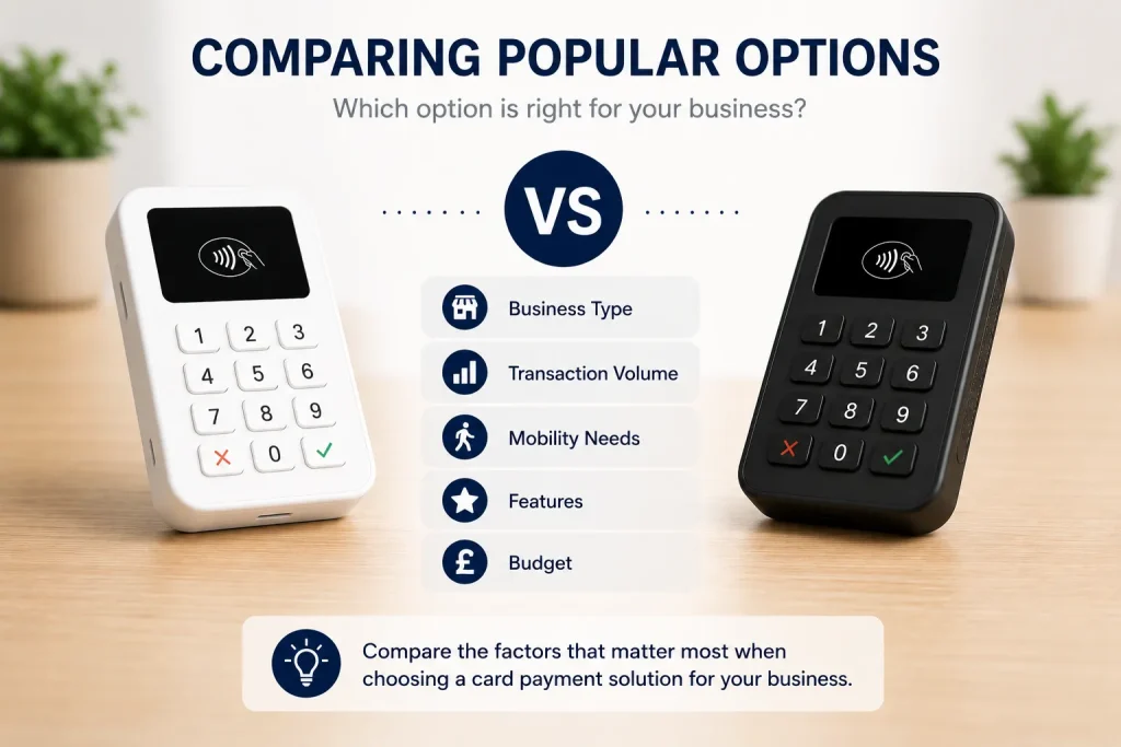 Comparison of card reader options for UK businesses based on business type, transaction volume, mobility needs, features and budget